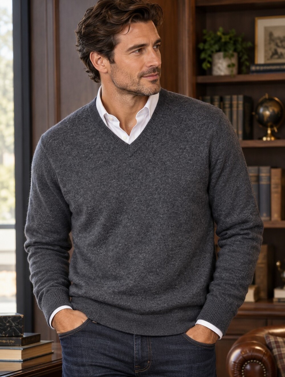Men’s 100% Cashmere 2-Ply V-Neck Sweater Gray L NWOT Old Money Quiet Luxury